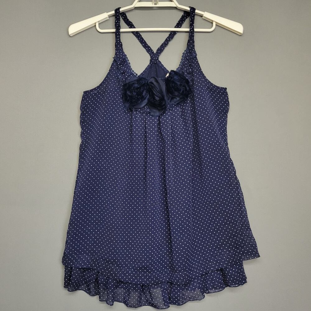 Blue Bird Nighty Womens Large Navy White Polka Dot Sheer Layered‎ Floral Trim